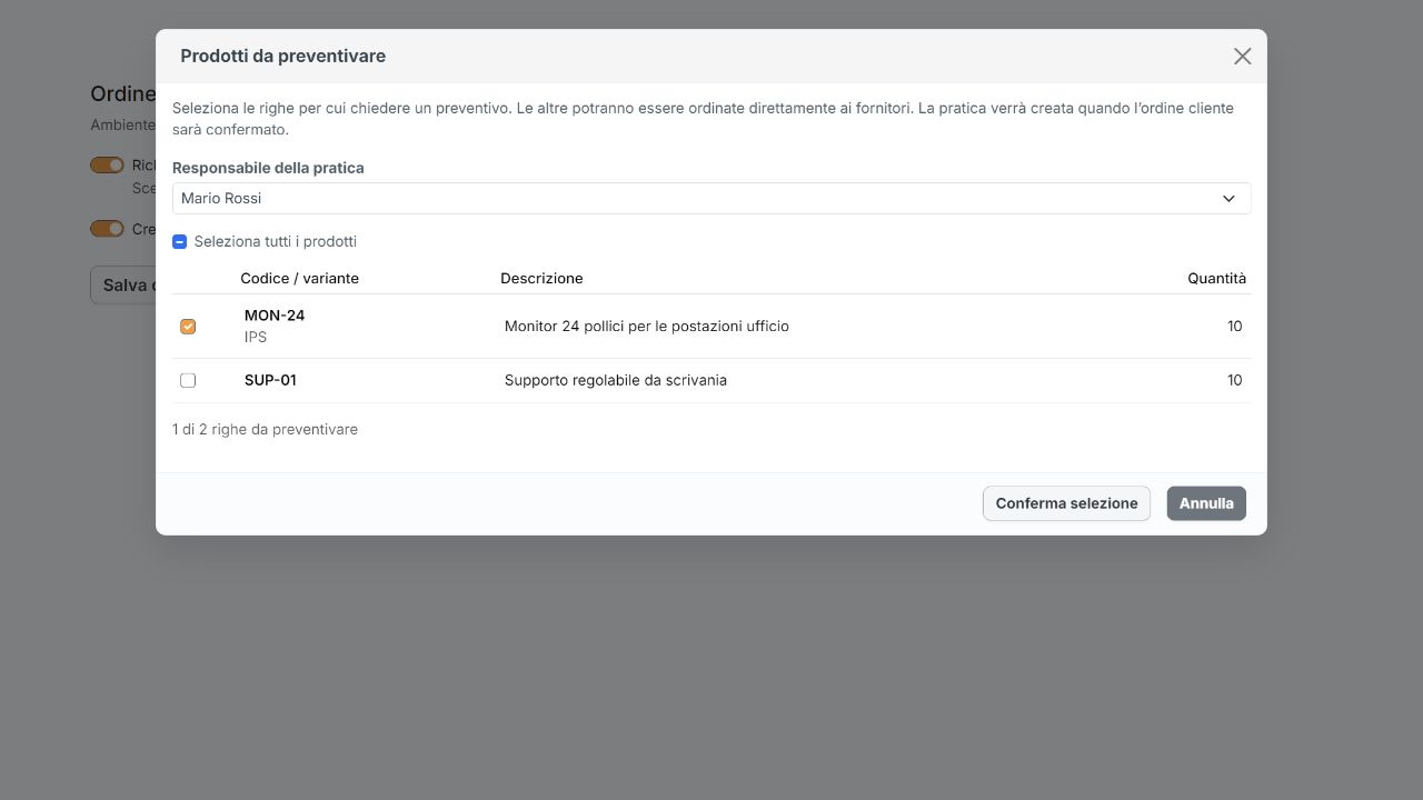 Selezione dei prodotti da preventivare con dati di esempio