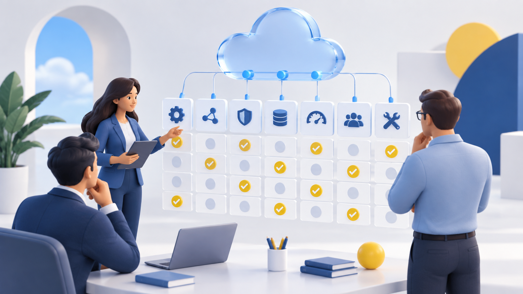 Team aziendale confronta una matrice di requisiti collegata a un software gestionale cloud