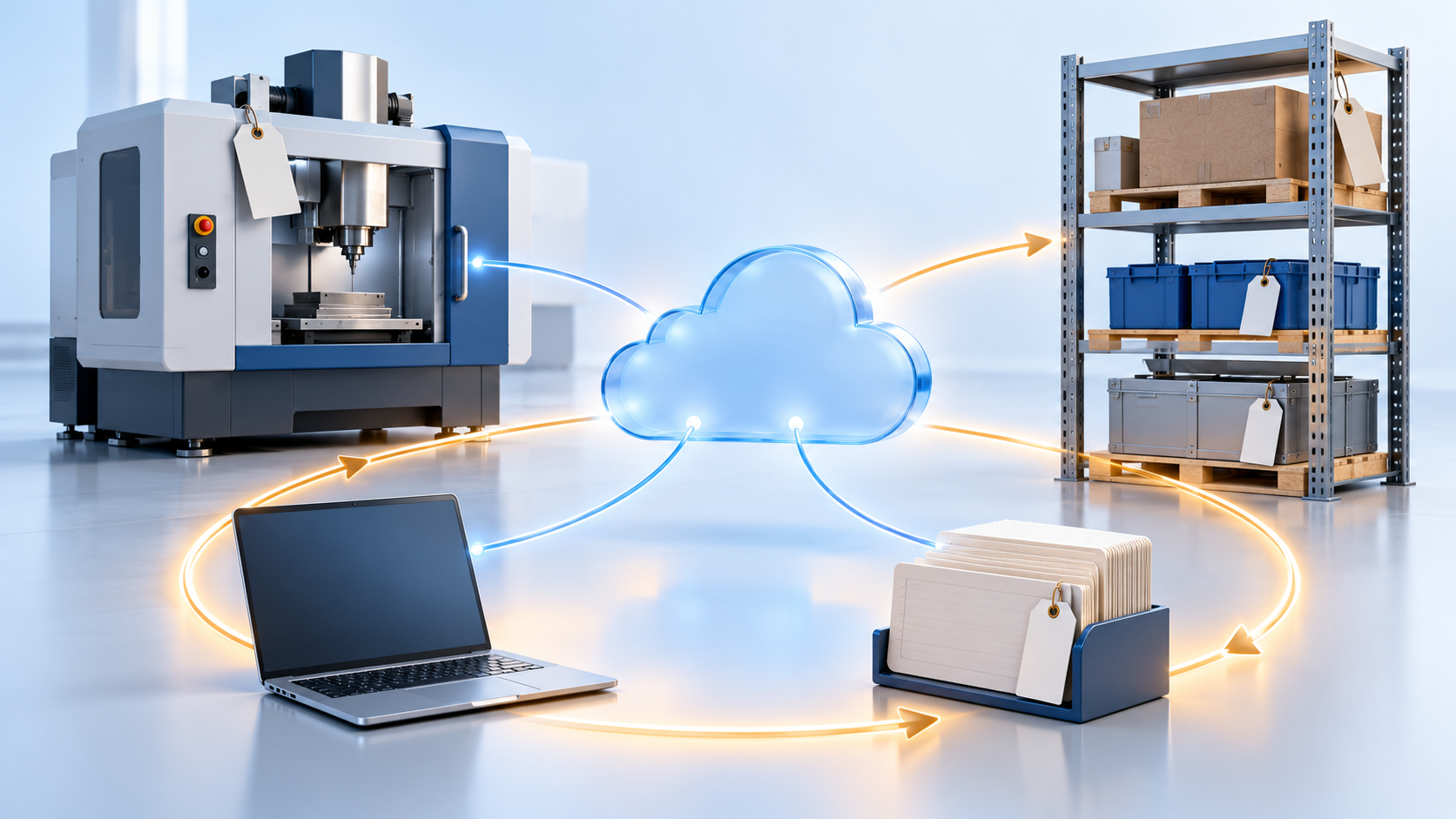 Macchina industriale, portatile e scaffale collegati a un archivio cloud, con schede dei beni e un percorso di verifica
