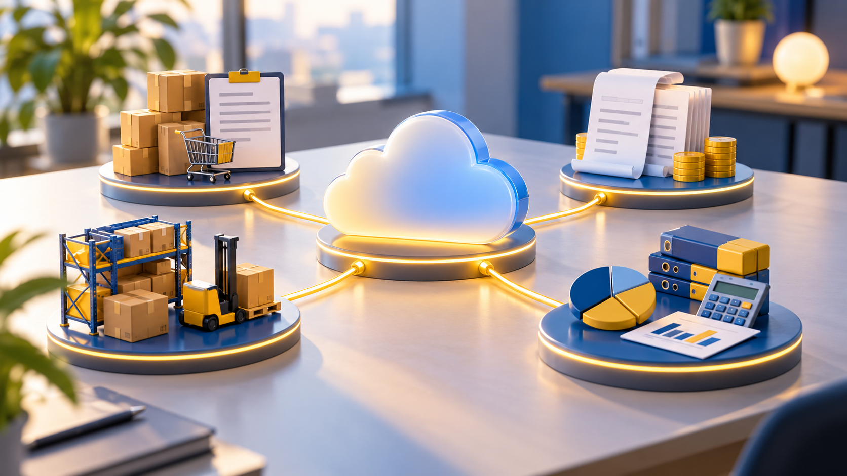 Illustrazione dei flussi di ordini, fatture, magazzino e contabilità collegati a un hub cloud