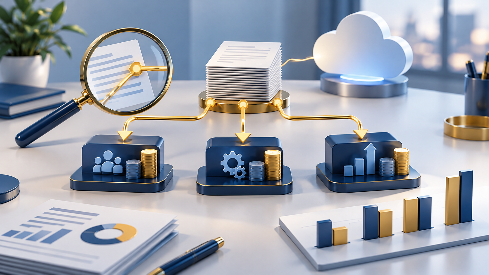 Documenti collegati a tre centri di analisi, con lente di verifica, grafici e cloud