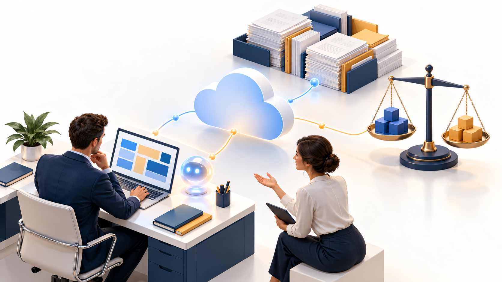 Due professionisti collaborano su documenti contabili collegati al cloud, con una bilancia in equilibrio e un assistente digitale