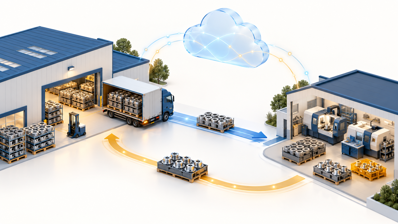 Magazzino e officina esterna collegati al cloud, con componenti inviati, pezzi lavorati di ritorno e materiali residui presso il terzista