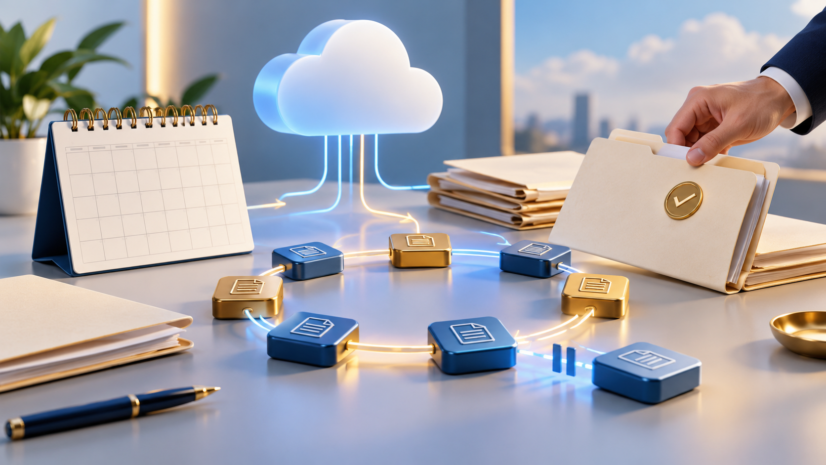 Calendario senza scritte e cartelle contratto collegati a un cloud, con un circuito di rinnovo e un passaggio in pausa