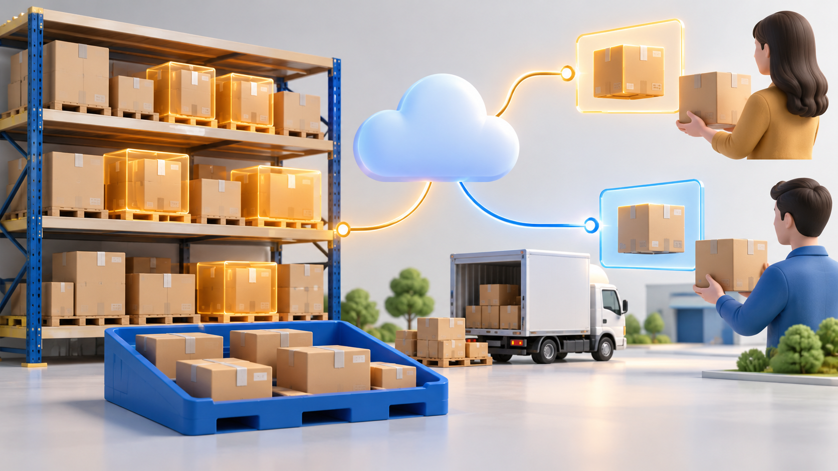 Scaffali con scatole riservate, merce libera e due percorsi ordine collegati a un hub cloud