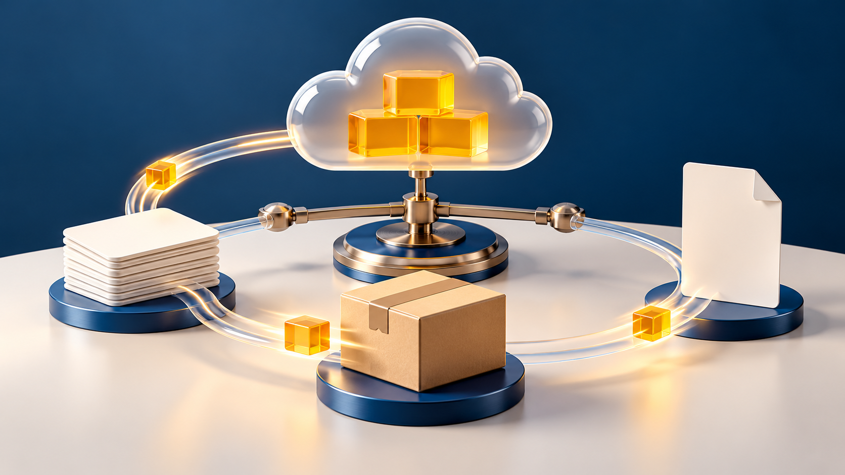 Ordini, un pacco e una fattura collegati a una bilancia cloud con blocchi ambra che rappresentano il valore delle forniture