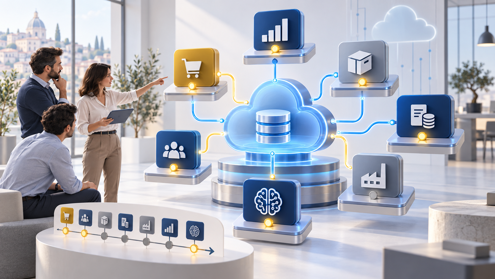 Team aziendale valuta una roadmap di moduli collegati a un unico gestionale cloud