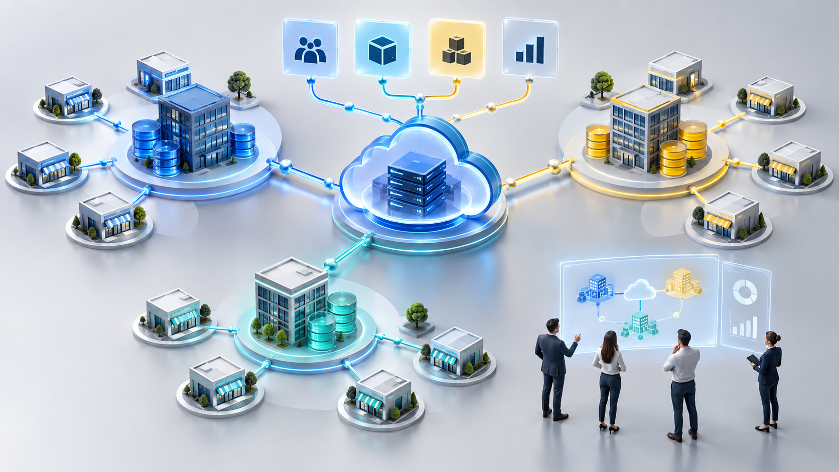 Gruppo di aziende e sedi collegate a un gestionale cloud con dati separati e flussi controllati
