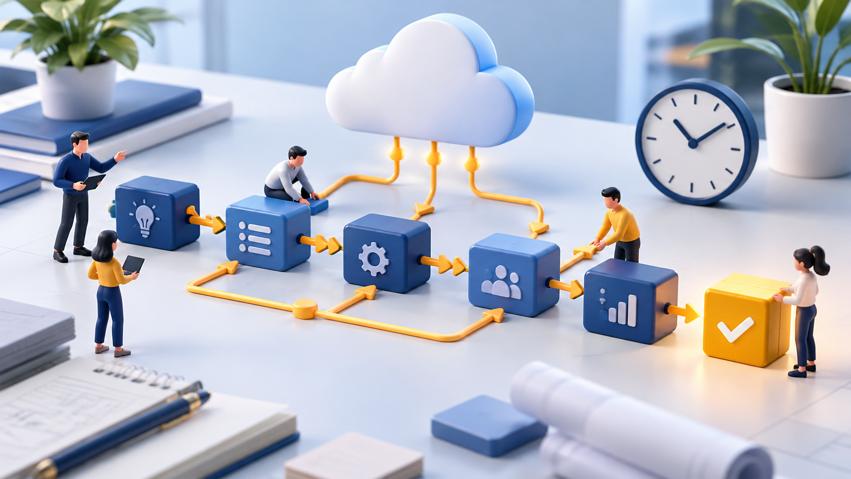 Persone e blocchi di attività collegati da dipendenze a un cloud e a una consegna completata