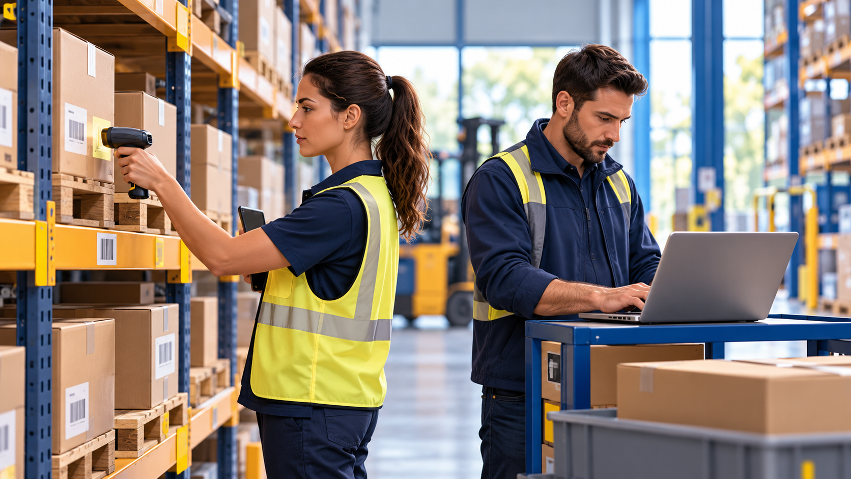 Operatrice conta scatole a scaffale con lettore barcode mentre un collega verifica le differenze su laptop