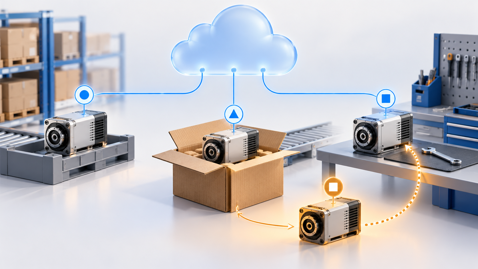 Dispositivi con simboli individuali collegati al cloud fra ricevimento, spedizione e banco assistenza, con un sostituto evidenziato in ambra