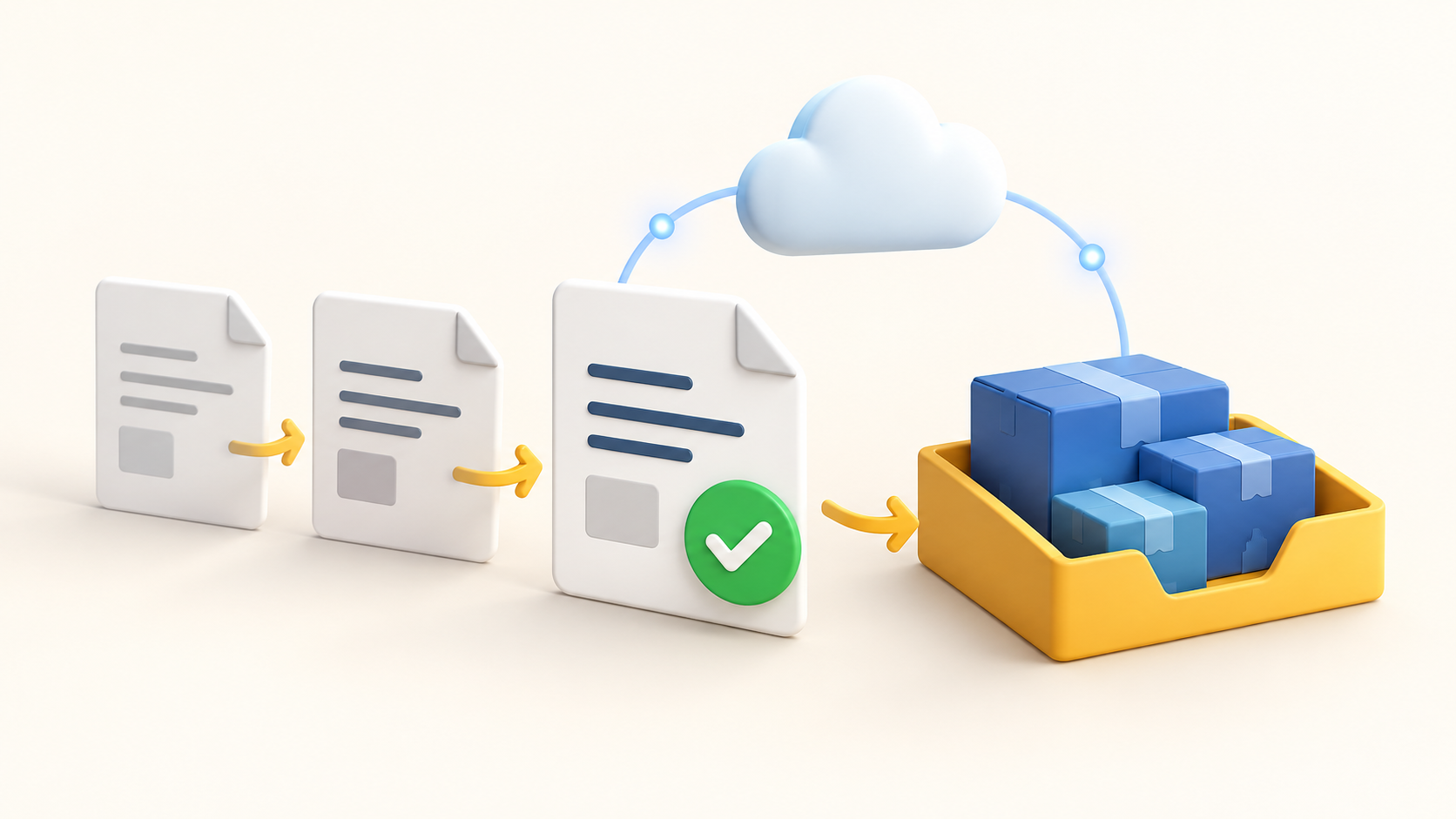 Tre versioni di un preventivo, una conferma verde e un ordine con prodotti collegati al cloud