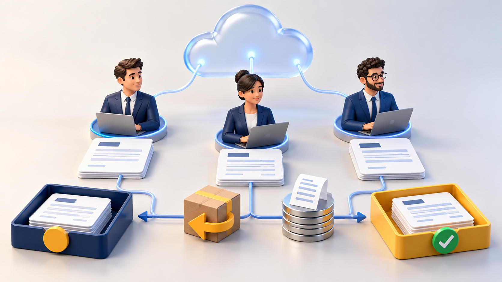 Tre agenti collegati a un archivio cloud, con documenti, un pacco reso e vaschette per le provvigioni da verificare e approvate