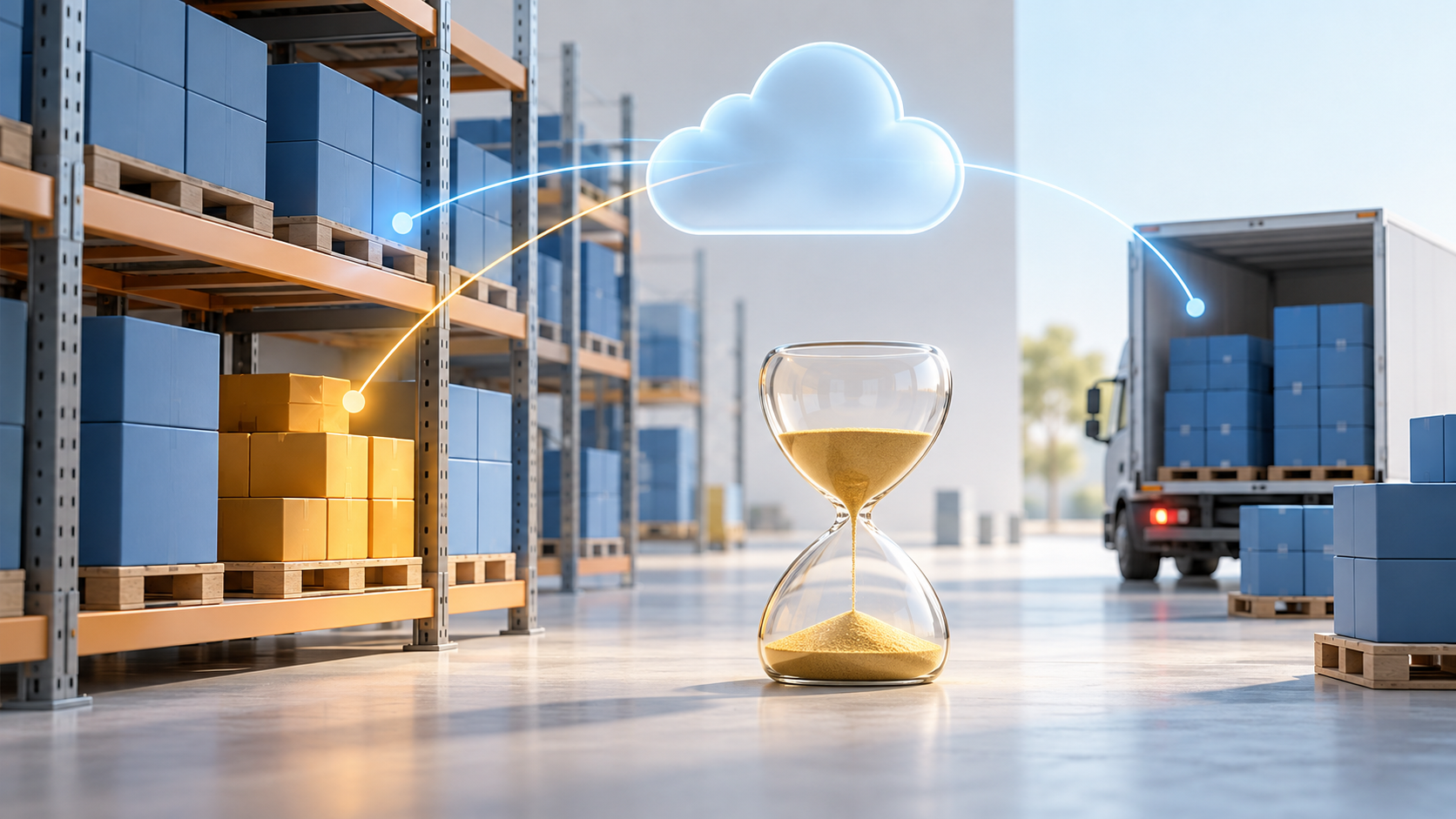 Scorte blu e riserva color ambra in magazzino, clessidra e consegna fornitore collegati al cloud