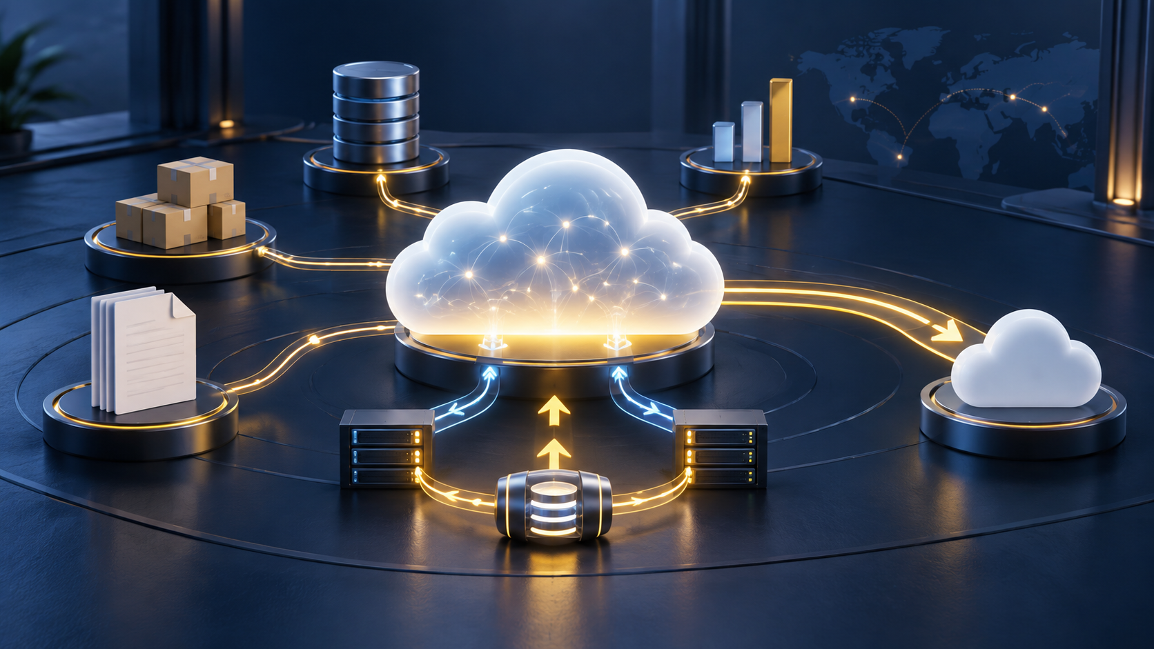 Sistema gestionale cloud collegato a dati, documenti e magazzino con percorsi ridondanti di continuità e recupero