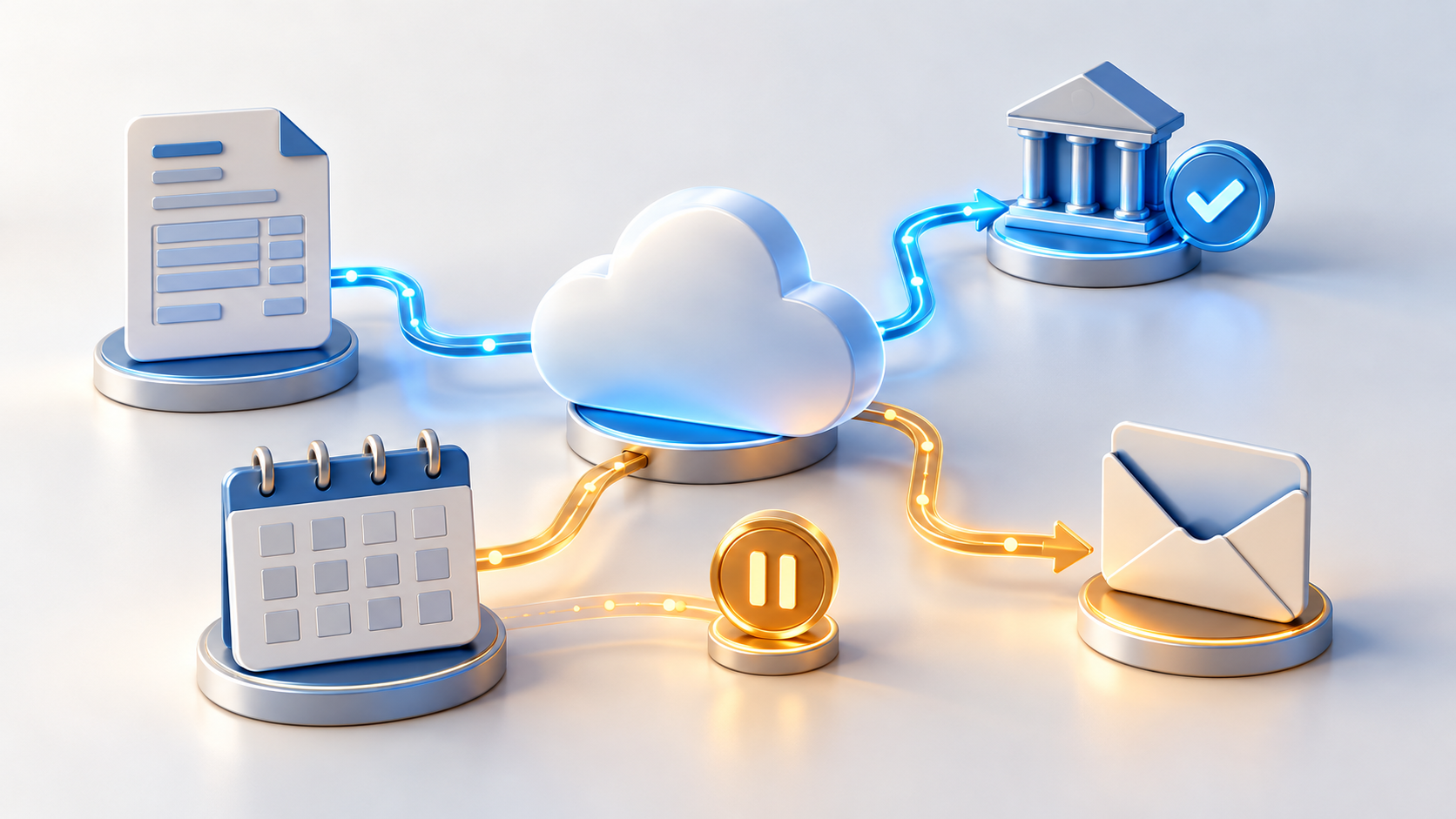 Fattura, calendario, banca e busta collegati a un hub cloud con un percorso di comunicazione in pausa
