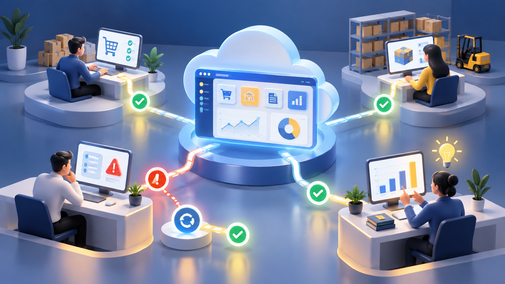 Quattro operatori verificano ordini, magazzino, errori e analisi in un software gestionale cloud