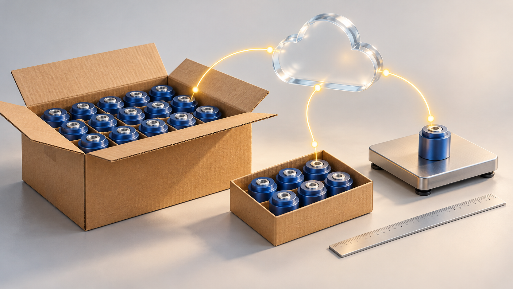 Scatola e confezione di componenti blu collegate a un cloud, con bilancia e righello