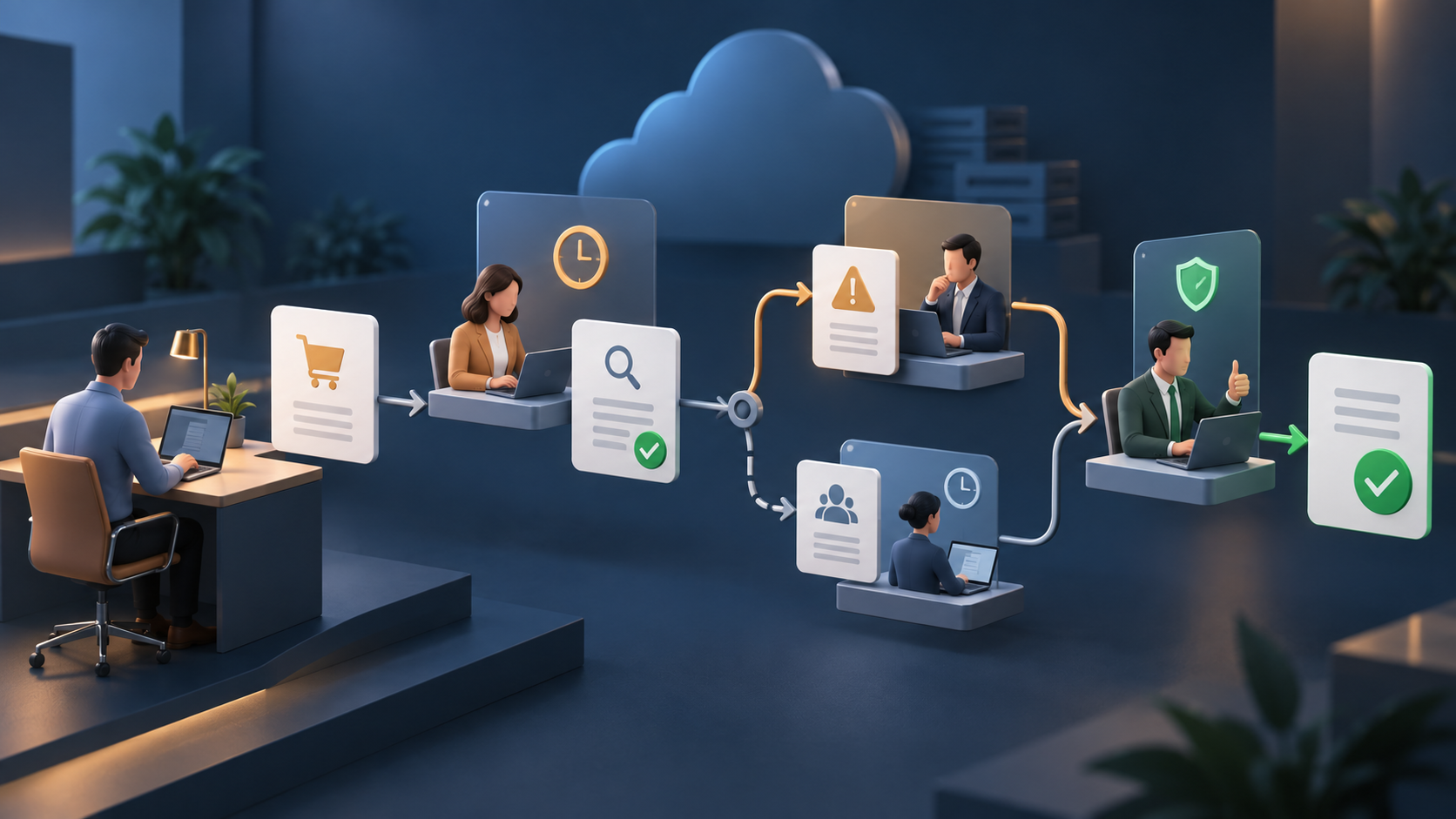 Flusso di approvazione nel gestionale cloud con richiesta, verifica, eccezione e autorizzazione finale